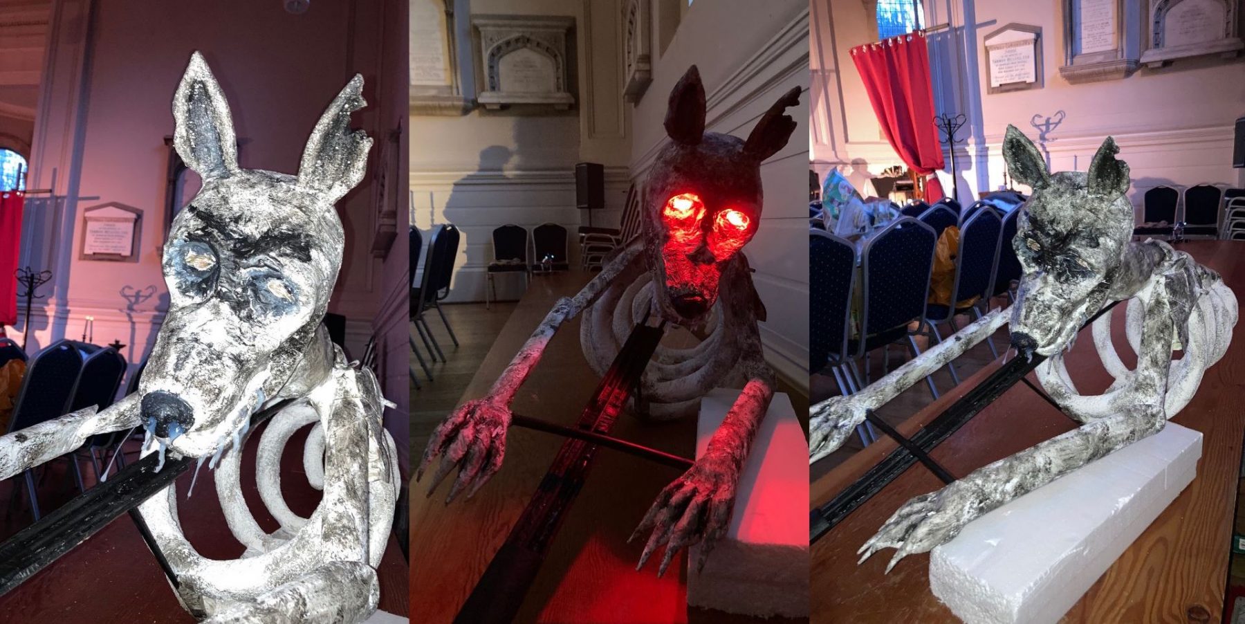 The Hounds of Baskerville - The final state of the Hound puppet, I painted in some deep shadows, added some hot glue drool, and placed some red LED lights in the eyes to make it extra spooky